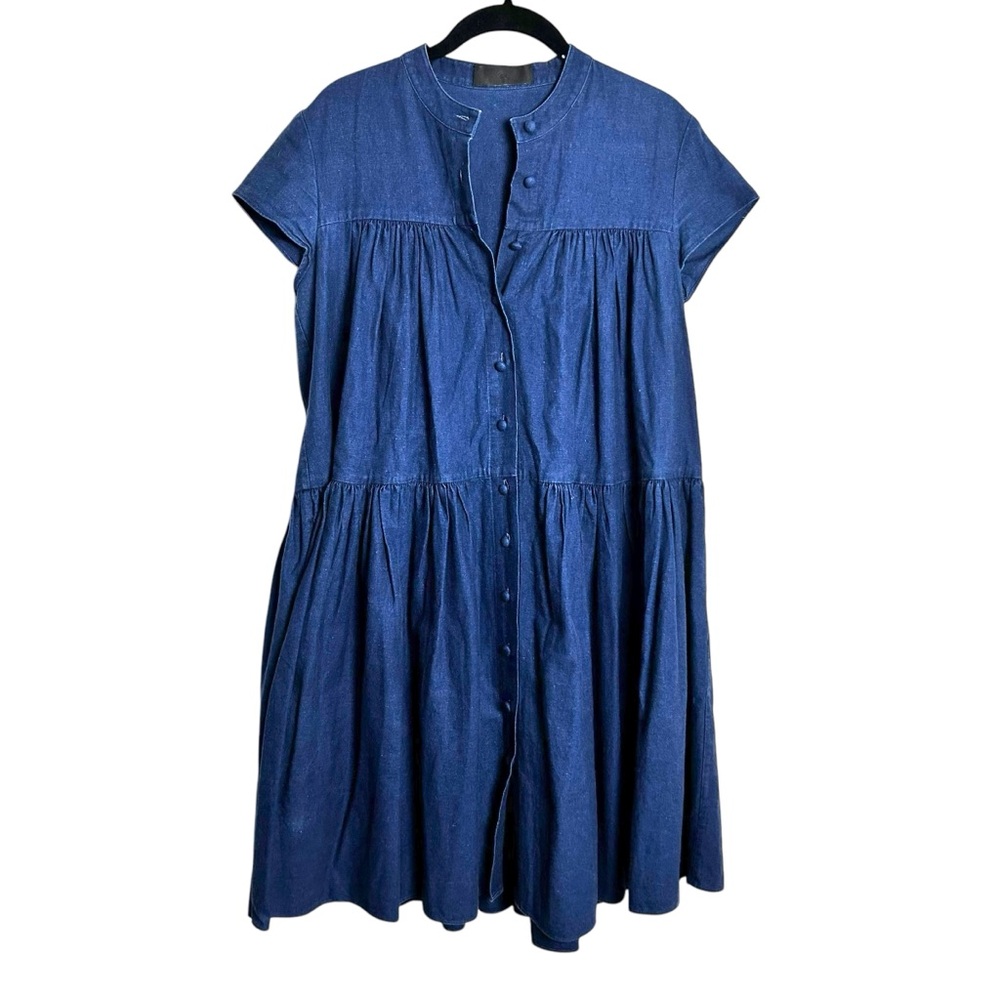 CO Collection Gathered Tiered Blue Denim Midi Dress Size S EUC